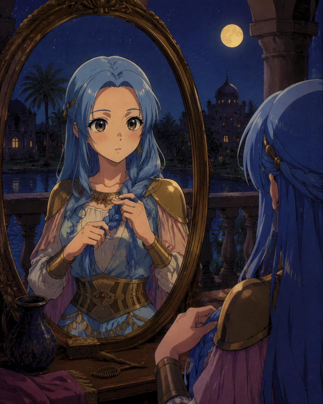 Braiding her long blue hair in a mirror At a moonlit balcony overlooking a quiet oasis (90s retro anime aesthetic, grainy cel-shaded)