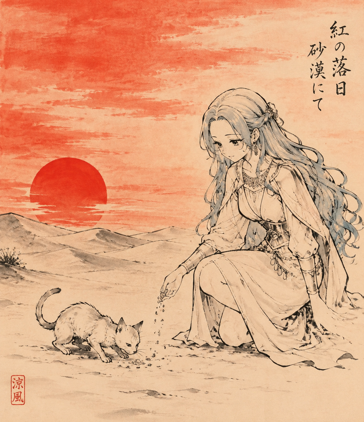 Feeding crumbs to a stray desert cat On a sandy dunes during a crimson sunset (minimalist ink sketch, traditional Japanese style)