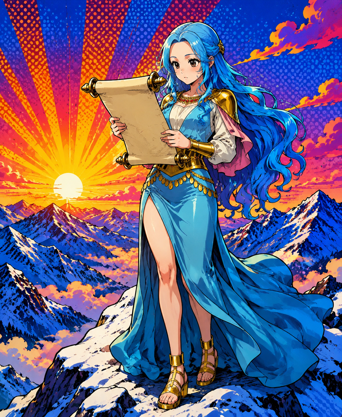 Reading a diplomatic scroll with focused intensity On a snowy mountain peak at dawn (vibrant pop art, bold outlines and saturated colors)