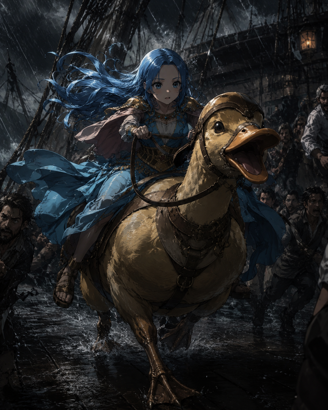 Riding her giant duck karoo at full gallop On a crowded ship deck during a heavy storm (gritty cinematic noir, dramatic shadows)
