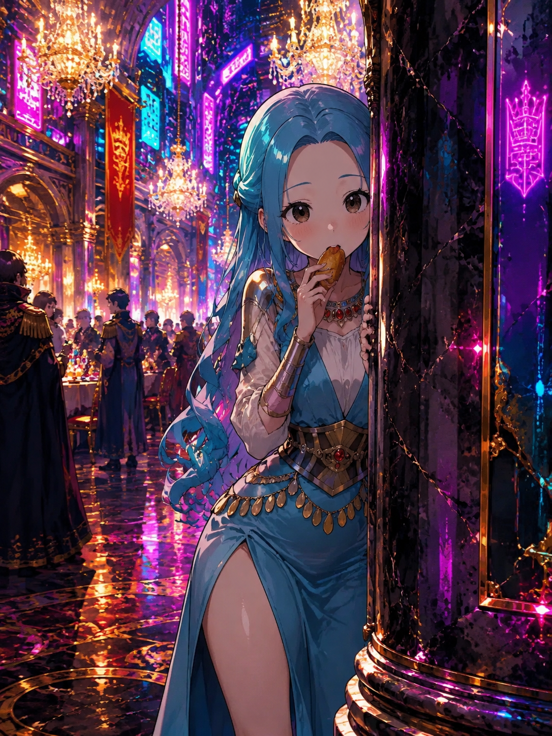 Sneaking a quick snack behind a marble pillar At a lively royal banquet under glowing chandeliers (cyberpunk neon glow, high-contrast lighting)