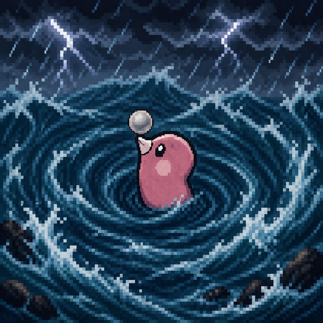 Balancing a pearl on its nose In a turbulent whirlpool during a storm (pixel art, retro game aesthetic)