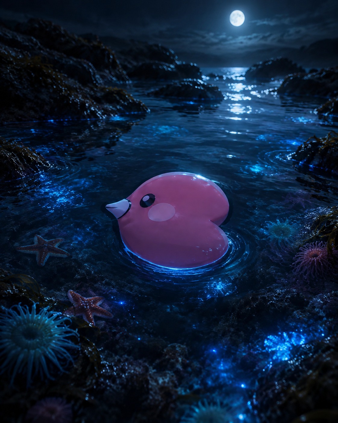 Floating near the water's surface In a moonlit tide pool (cinematic bioluminescence, dark moody water)