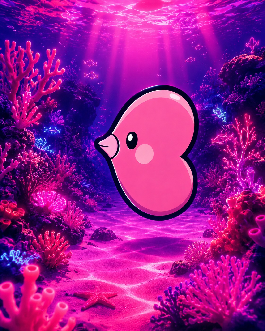 Gliding through a coral reef On the sandy floor of an abyss (neon synthwave, vibrant pinks)