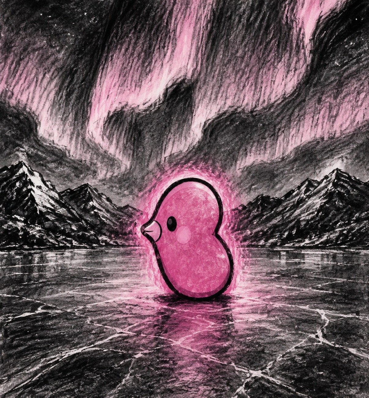 Glowing with a pink aura On a frozen lake under the aurora (charcoal sketch, rough textures)