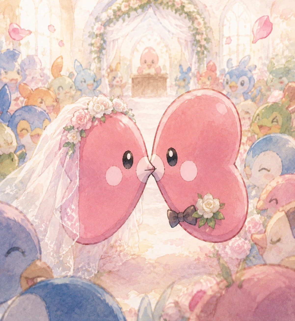 Kissing a fellow luvdisc At a crowded wedding ceremony (watercolor anime, soft lighting)