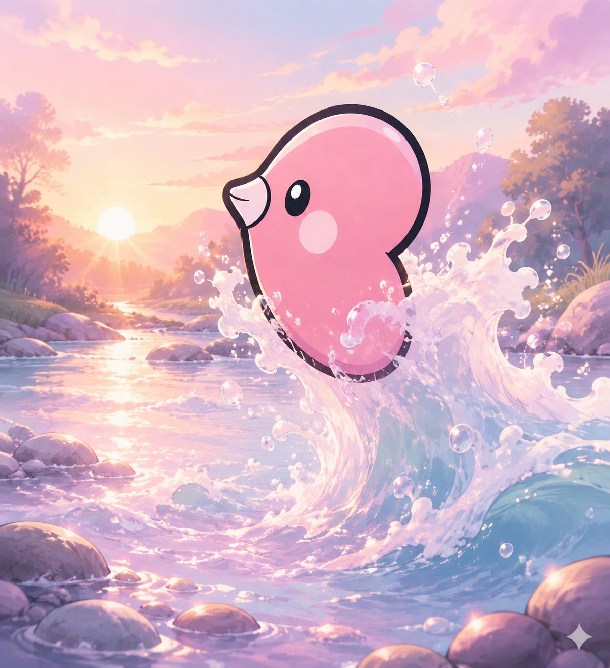 Leaping through a crashing wave At a quiet riverbed at sunrise (chibi cute, pastel colors)