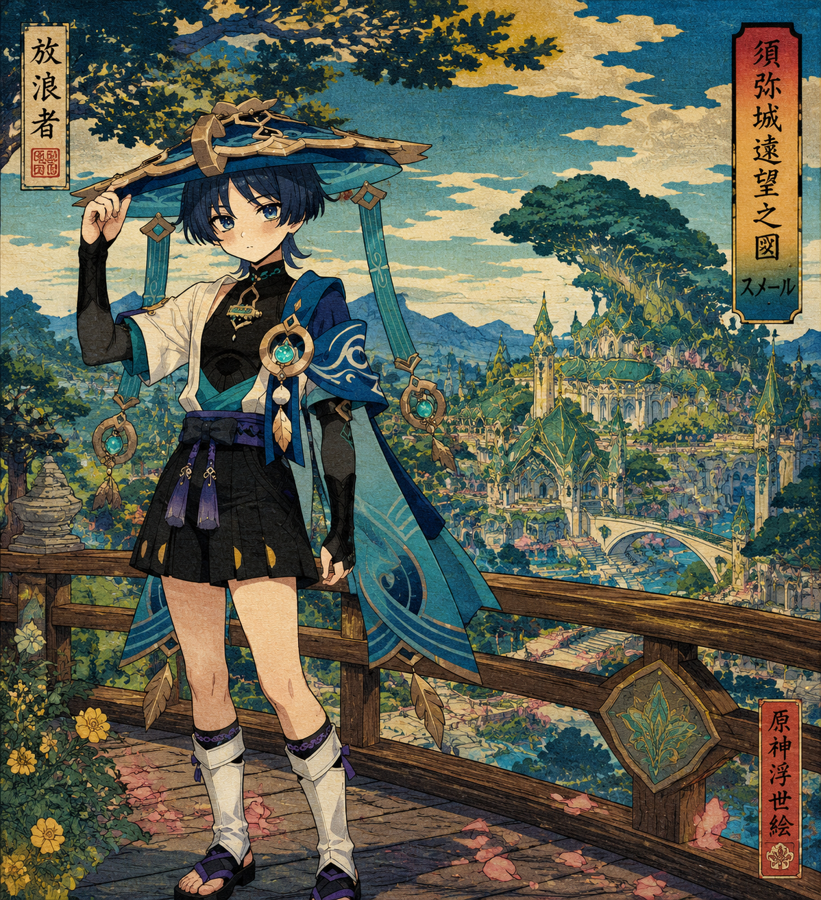 Adjusting the brim of his large hat On a bridge overlooking Sumeru City (vibrant Ukiyo-e woodblock print style)