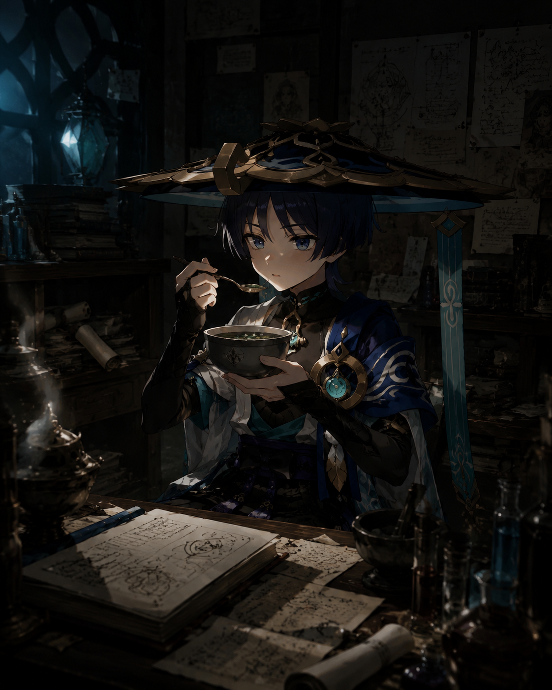 Eating a bitter medicinal soup In a cluttered Akademiya research lab (cinematic noir, dramatic shadows)