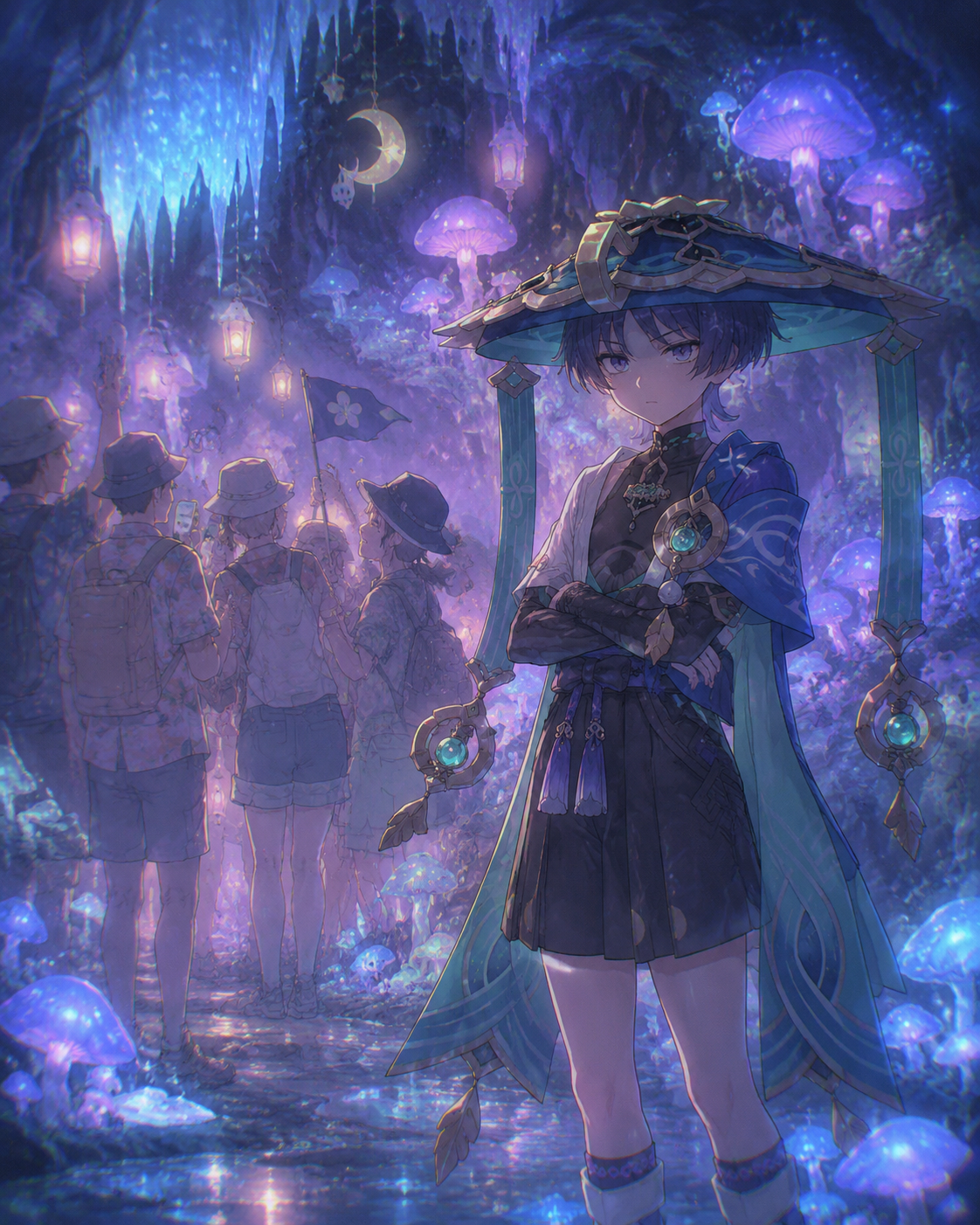 Glaring at a group of noisy tourists In a dark cavern filled with bioluminescent fungi (ethereal dreamcore, hazy pastel palette)
