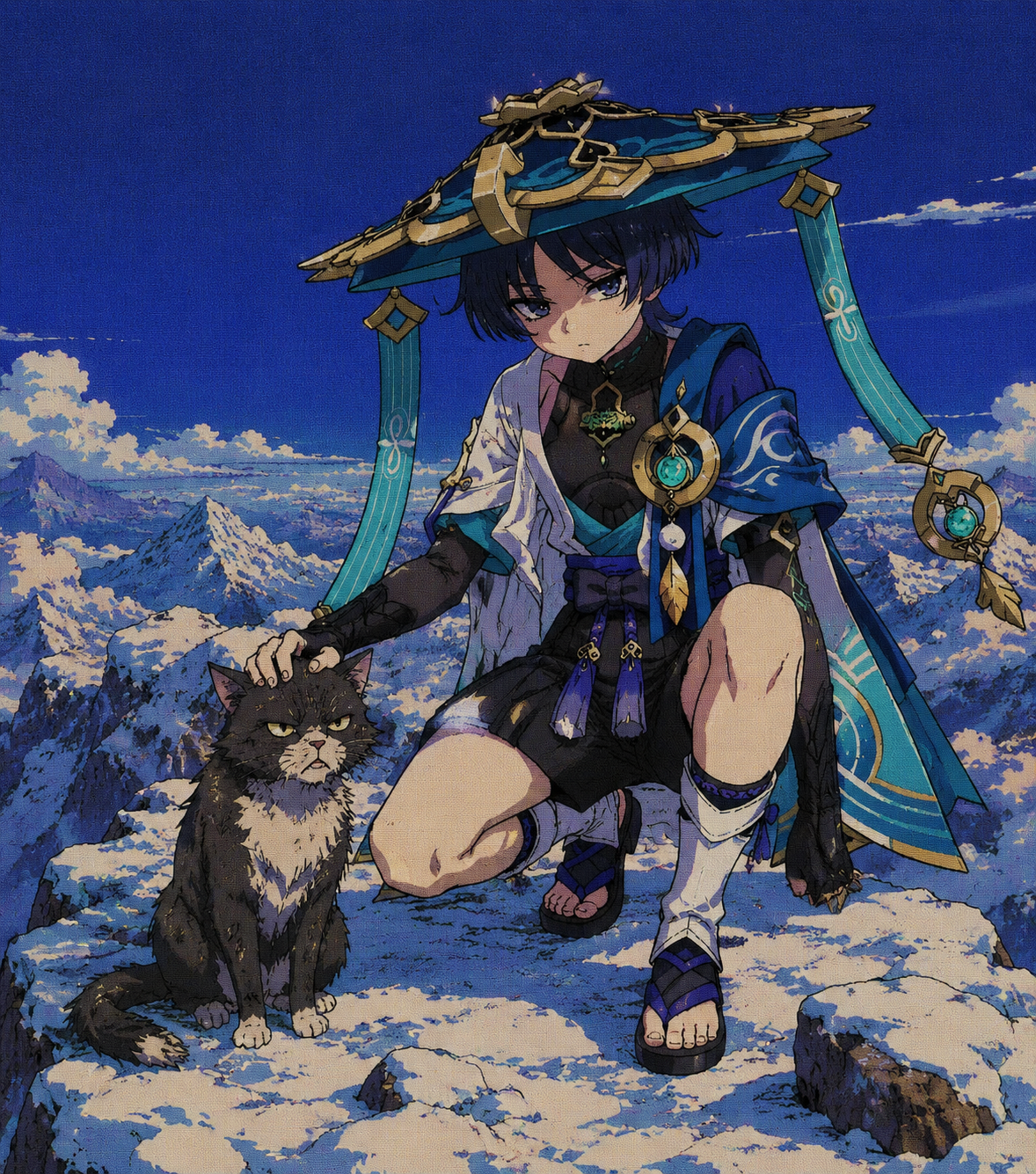 Petting a stray cat with a scowl At the peak of a snowy mountain (retro 90s cel-shaded aesthetic)
