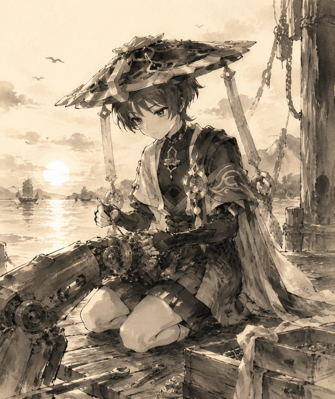 Repairing a complex mechanical joint At a seaside pier during golden hour (minimalist ink wash, monochrome)
