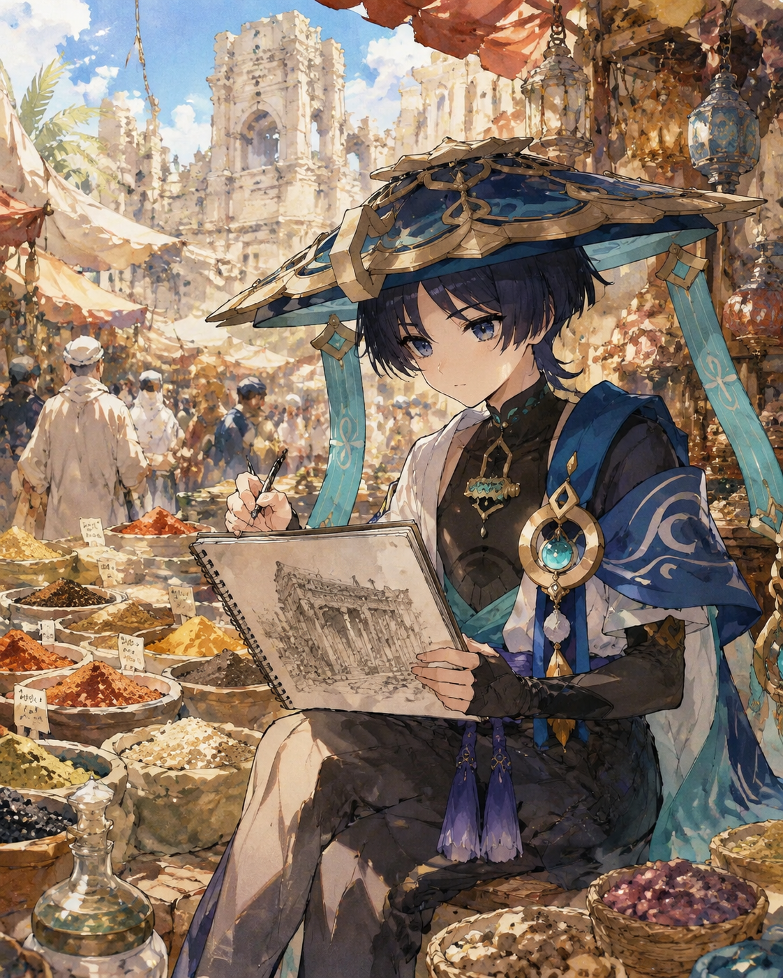 Sketching architectural ruins in a notebook At a bustling spice market at midday (watercolor anime, soft lighting)