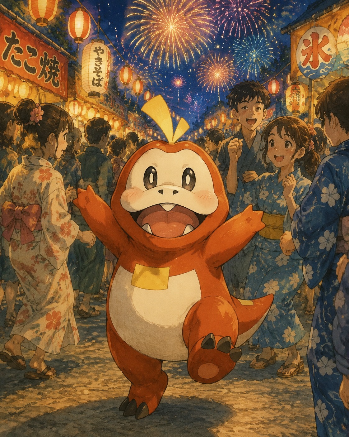 Dancing excitedly to a rhythmic beat At a crowded summer festival under fireworks (Studio Ghibli inspired, lush watercolor textures)