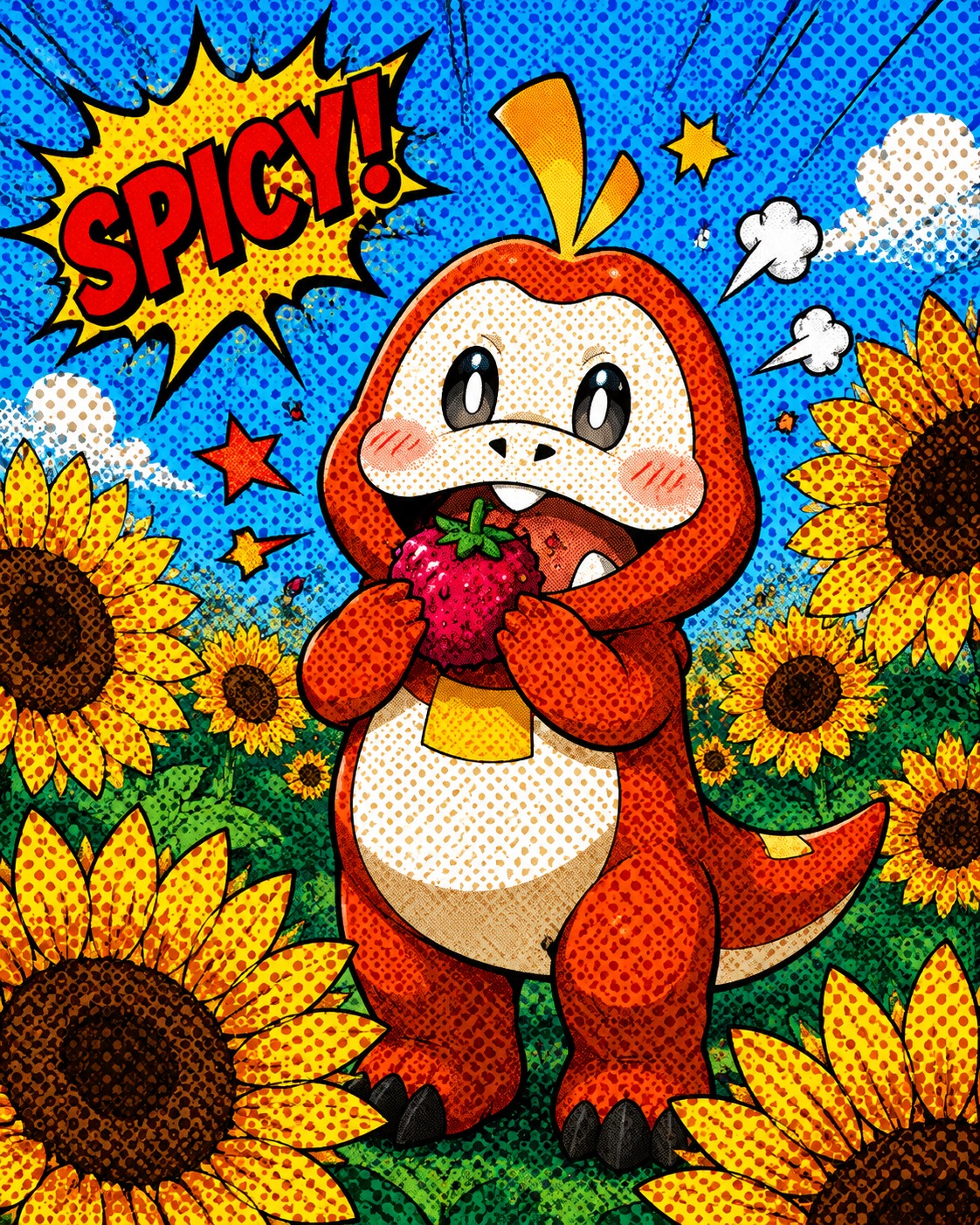 Munching happily on a spicy berry In a vibrant field of giant yellow sunflowers (Pop art style, bold Ben-Day dots)