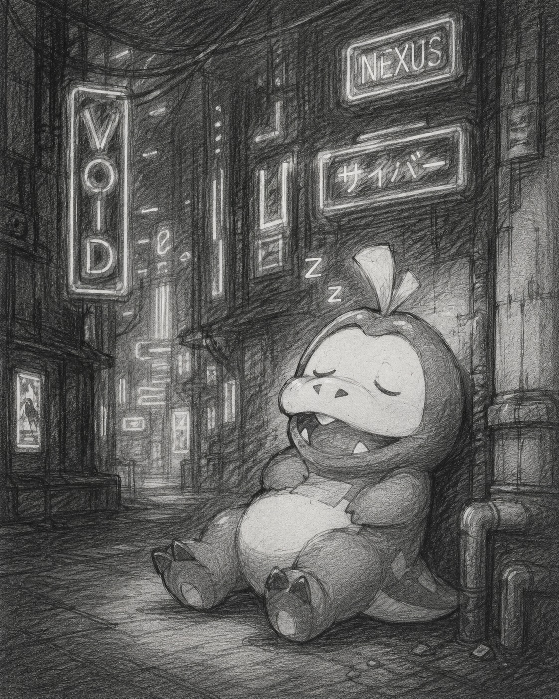 Napping soundly under the warm sun In a dark futuristic neon-lit alleyway (Soft charcoal sketch, minimalist pencil lines)