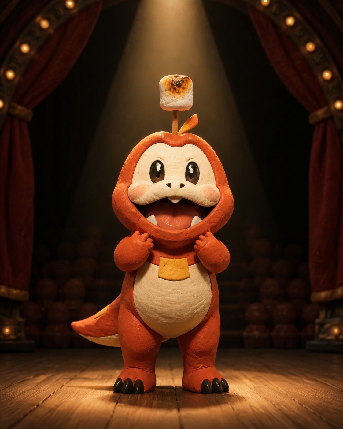 Roasting a marshmallow on its head On a grand stage under a single bright spotlight (3D claymation, tactile stop-motion texture)