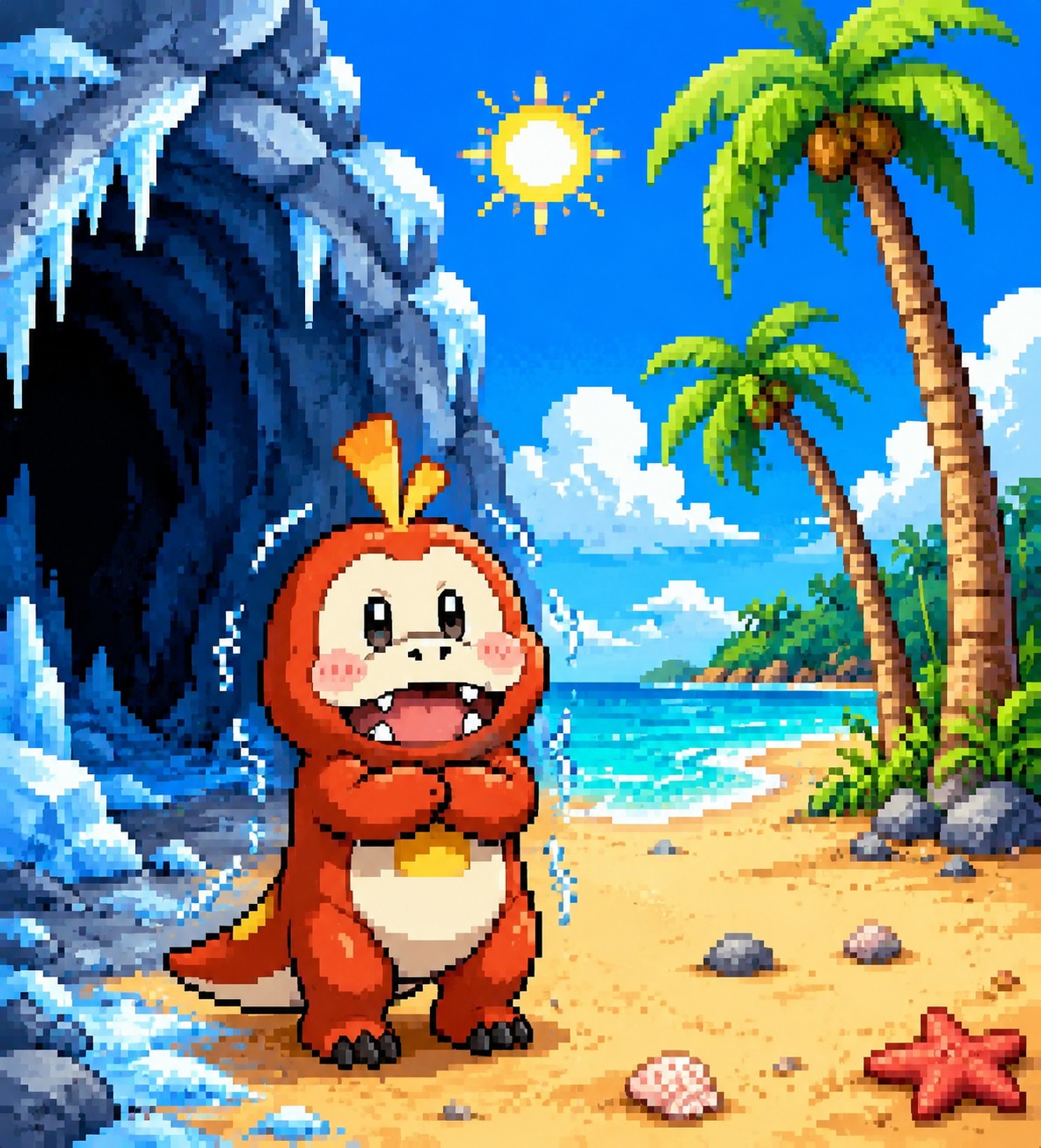 Shivering uncontrollably inside a cold cave At a sun-drenched beach under swaying palm trees (8-bit pixel art, vibrant retro palette)