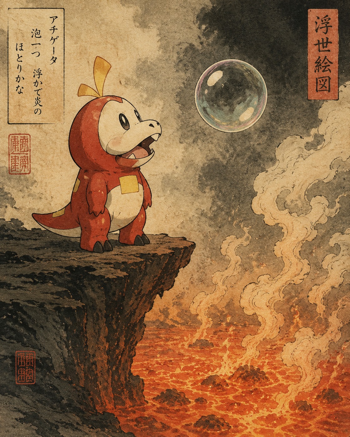 Staring blankly at a floating soap bubble At the edge of a bubbling lava pit (Ukiyo-e woodblock print, traditional Japanese ink)