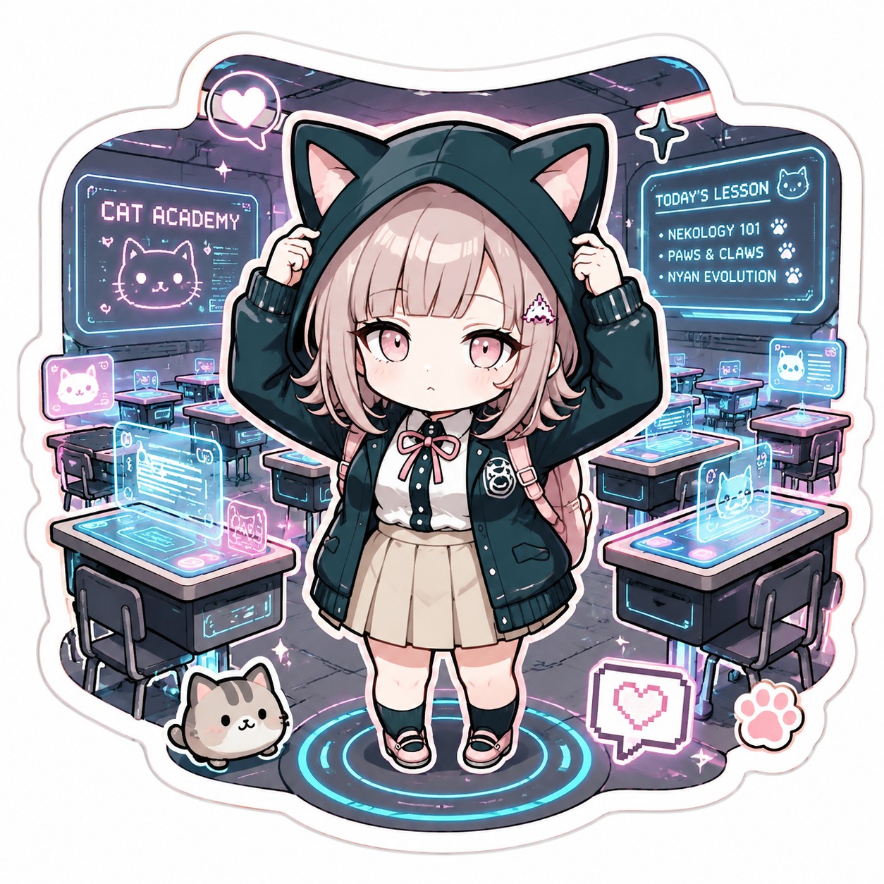 Adjusting the ears of her cat-themed hoodie At a high-tech classroom with floating holographic desks (kawaii chibi sticker art style)