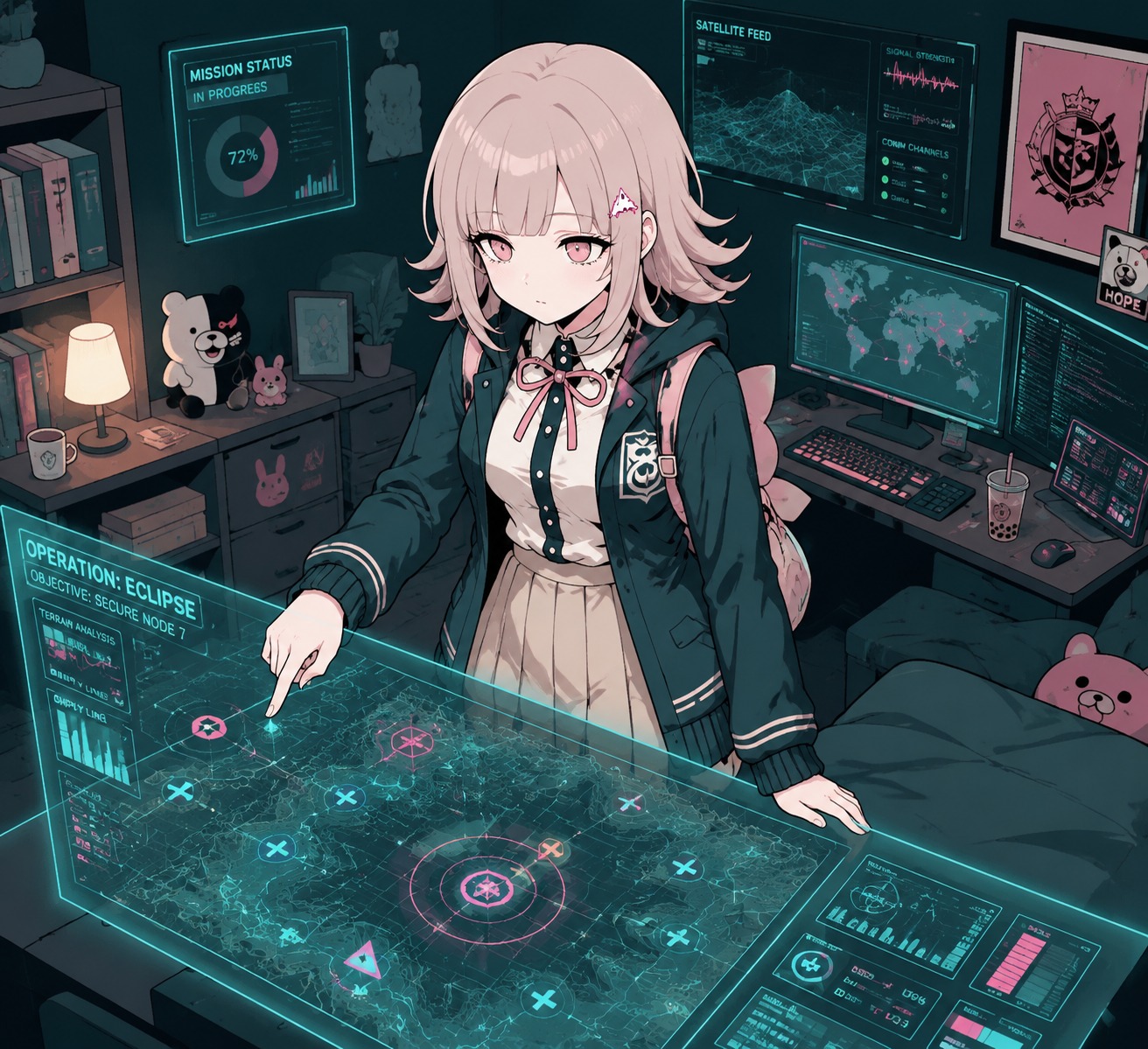 Analyzing a complex holographic strategy map In a cozy bedroom illuminated by multiple monitors (sharp minimalist vector art, flat colors)