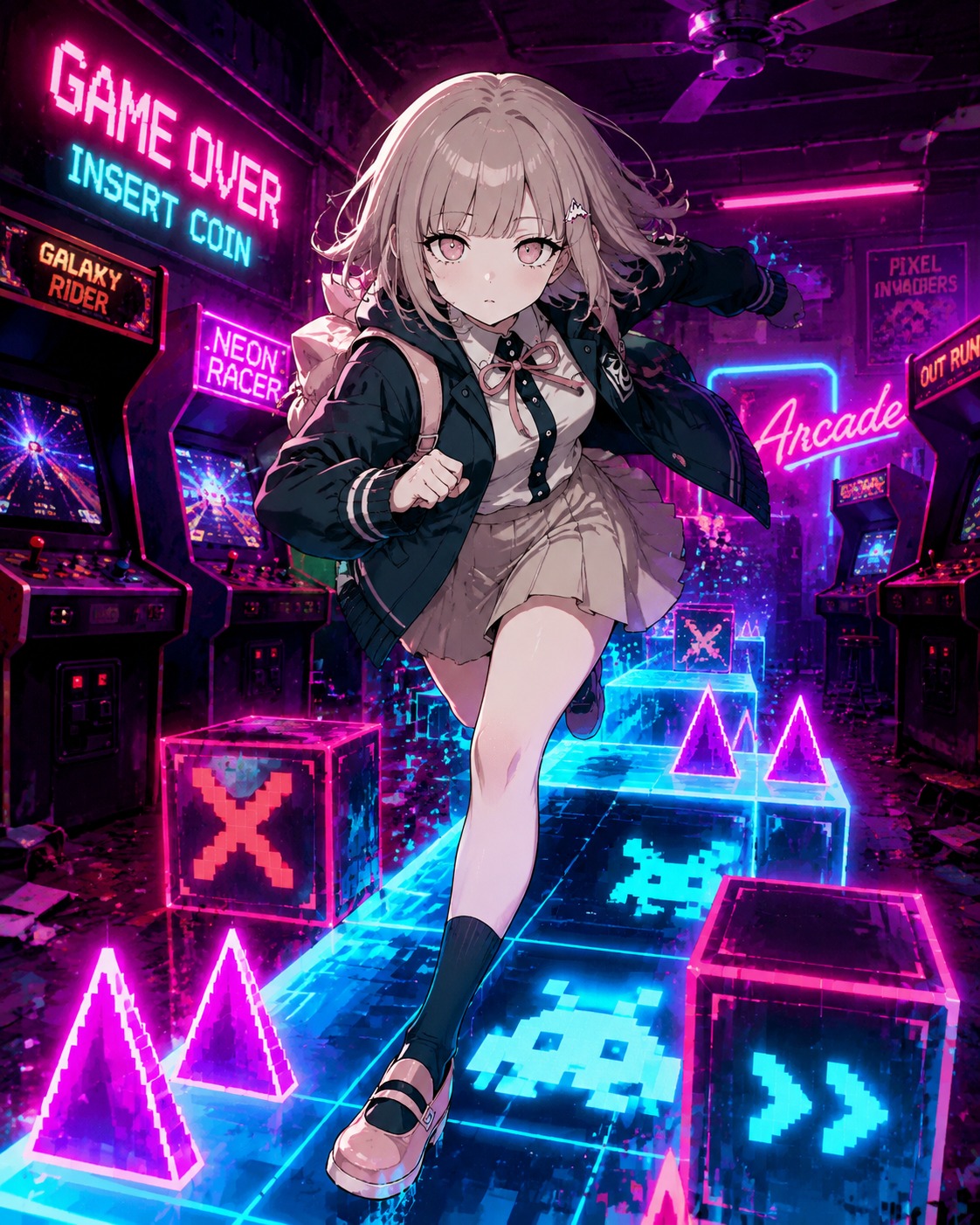 Dashing through a neon-lit digital obstacle course At a dusty retro arcade during midnight (vibrant cyberpunk synthwave, neon glow)