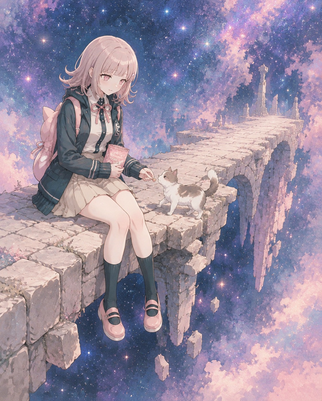 Sharing her snacks with a small stray cat On a crumbling stone bridge over a starry void (soft watercolor anime with pastel hues)
