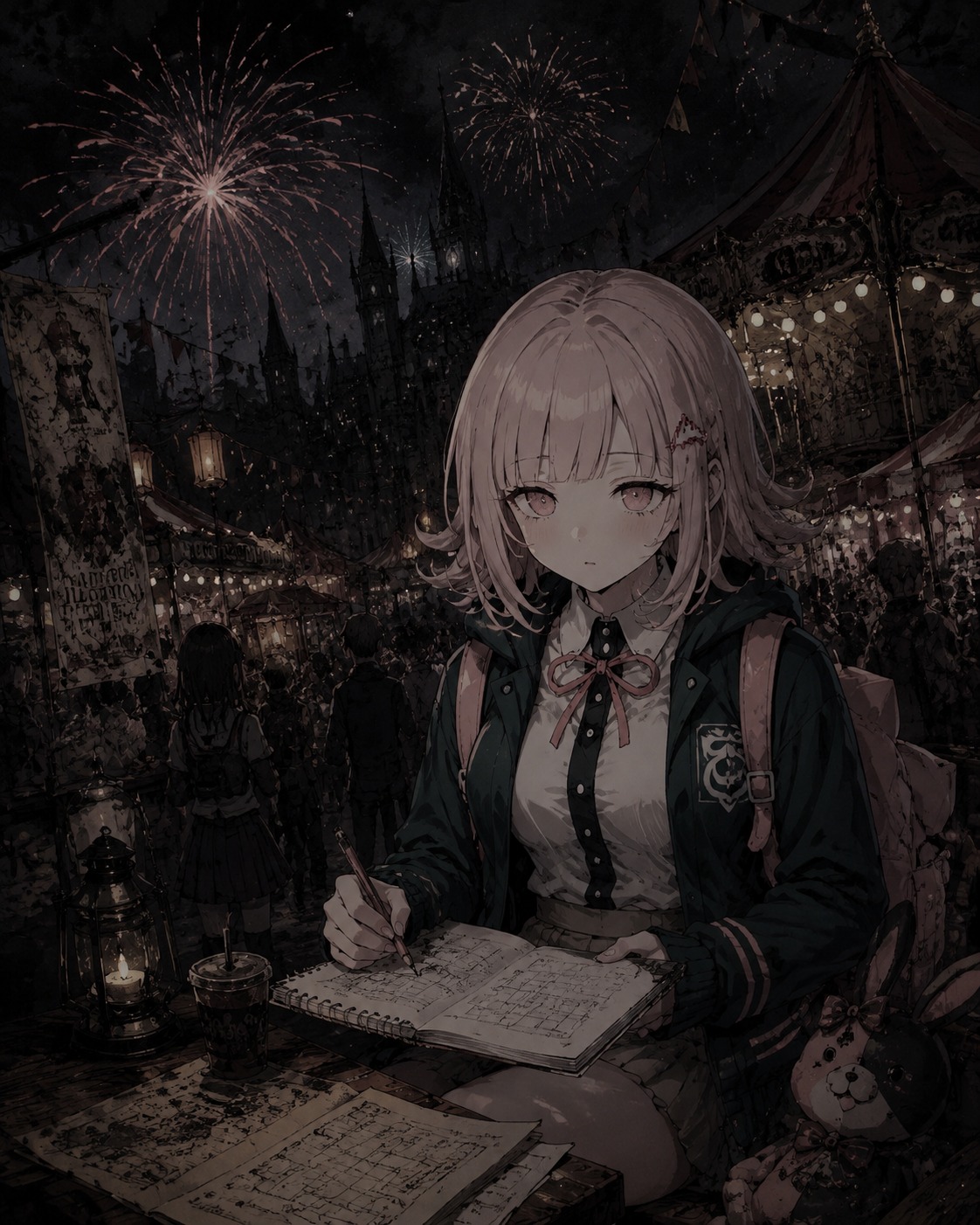 Sketching floor plans in a worn notebook At a bustling summer carnival under fireworks (dark gothic illustration with muted tones)