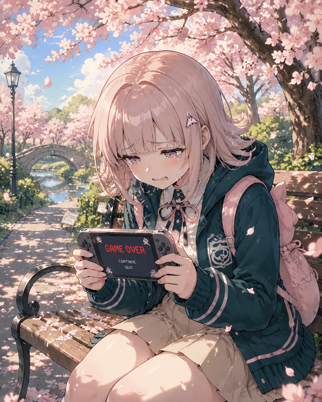 Weeping softly over a tragic game over screen In a sunlit park during peak cherry blossom season (lush studio ghibli inspired oil painting)