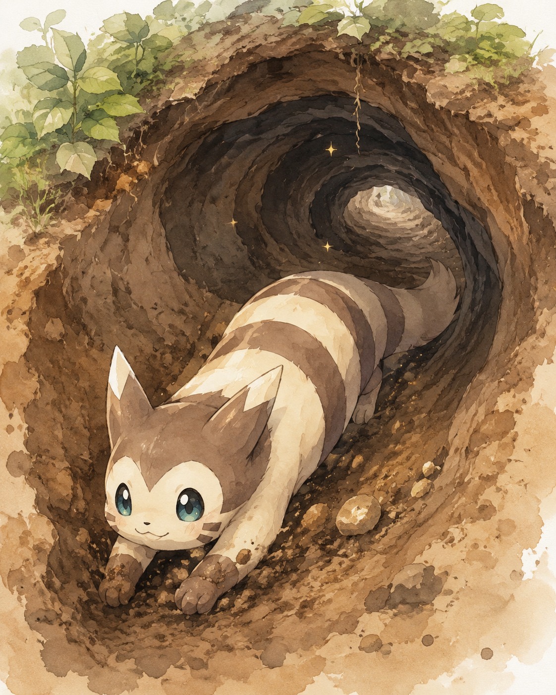 Burrowing deep into the cool dark earth At the entrance of a narrow winding dirt burrow (whimsical storybook illustration, delicate watercolors)
