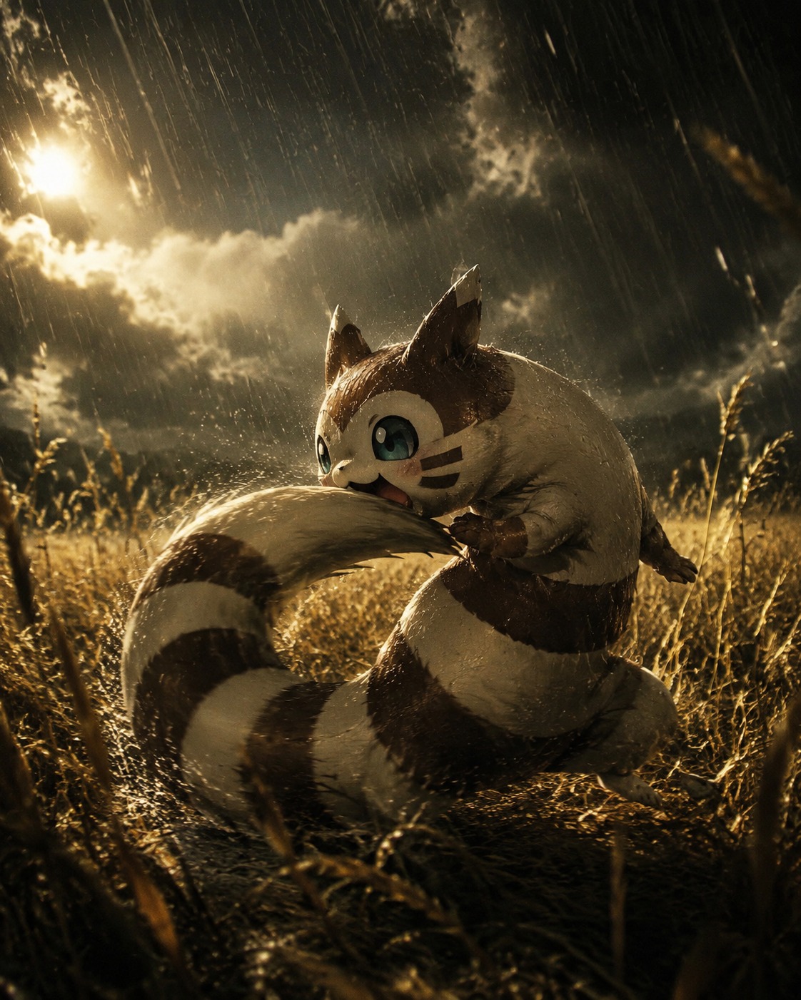 Chasing its own long tail in circles In a sun-drenched meadow of golden wheat (gritty cinematic noir, dramatic shadows and rain)