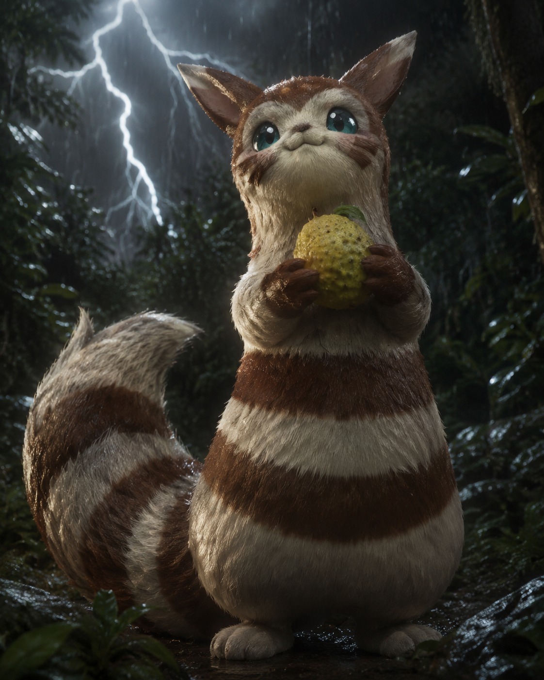 Clutching a stolen sitrus berry in its paws In a dense forest during a crackling thunderstorm (hyper-realistic 3D render, macro fur textures)