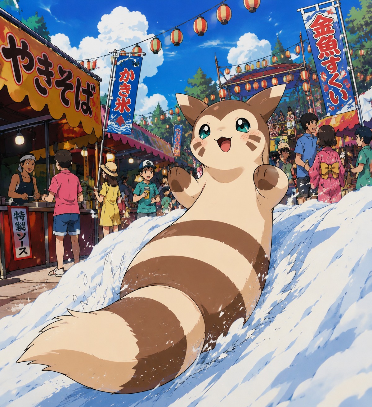 Sliding playfully down a snowy mountain slope At a bustling open-air summer festival (classic 90s anime cel shaded, bold lines)