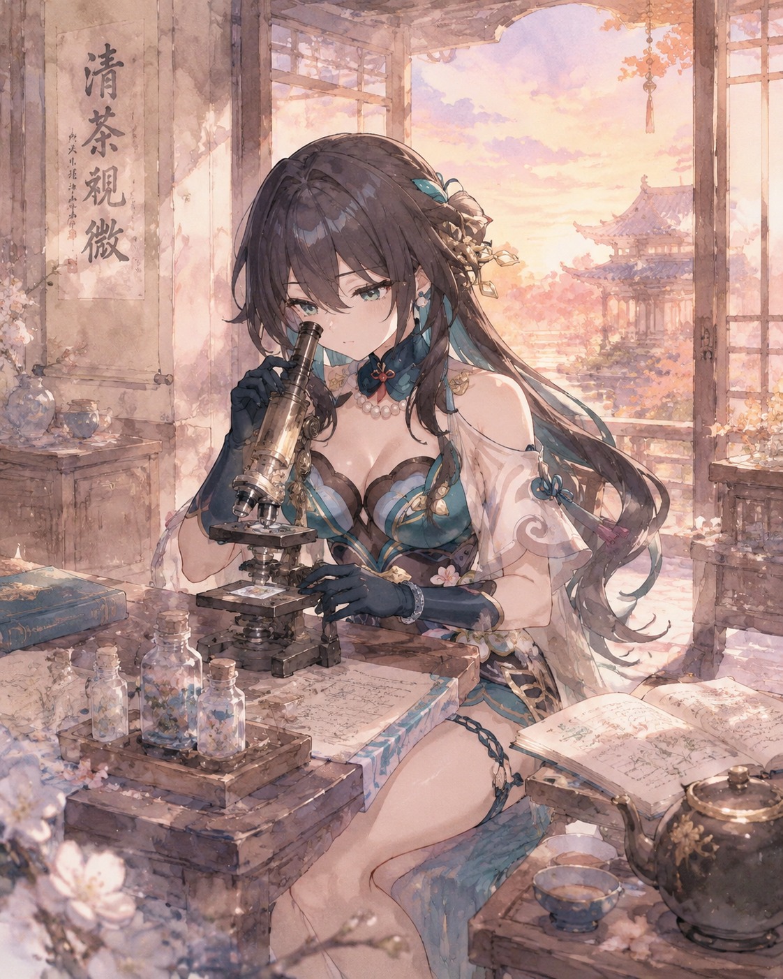 Observing a microscopic specimen through a lens At a traditional tea house during sunset (ethereal watercolor, soft pastel lighting)