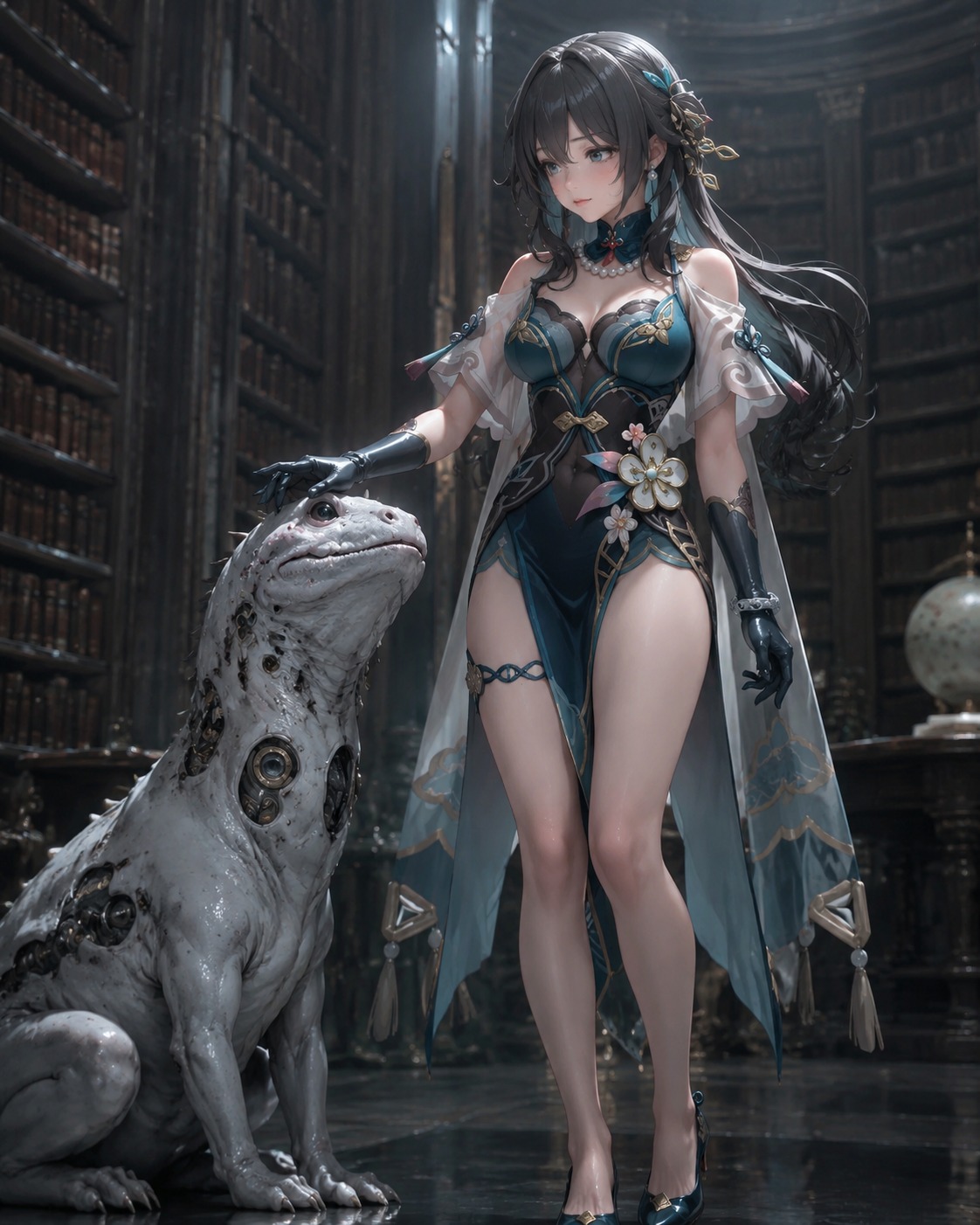 Petting a strange bio-engineered creature In a dim library with towering bookshelves (hyper-realistic 3D render, clinical white light)