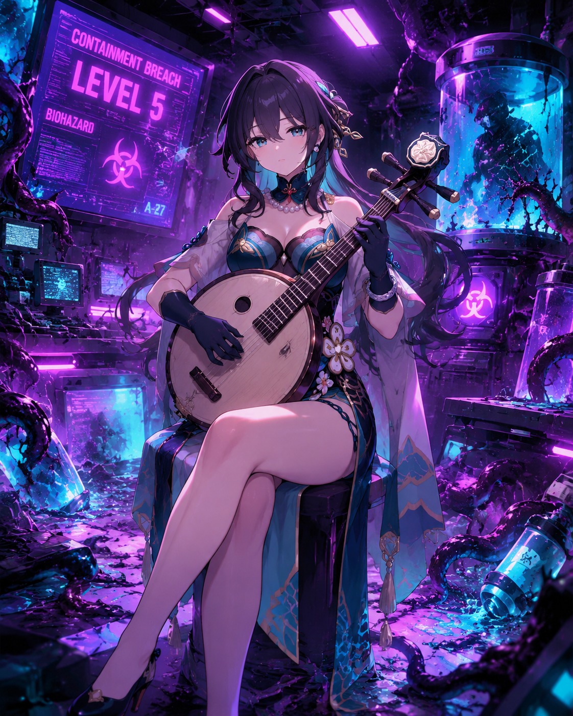 Playing a traditional ruan instrument In a chaotic laboratory during a biological containment breach (synthwave aesthetic, vibrant purple and cyan)