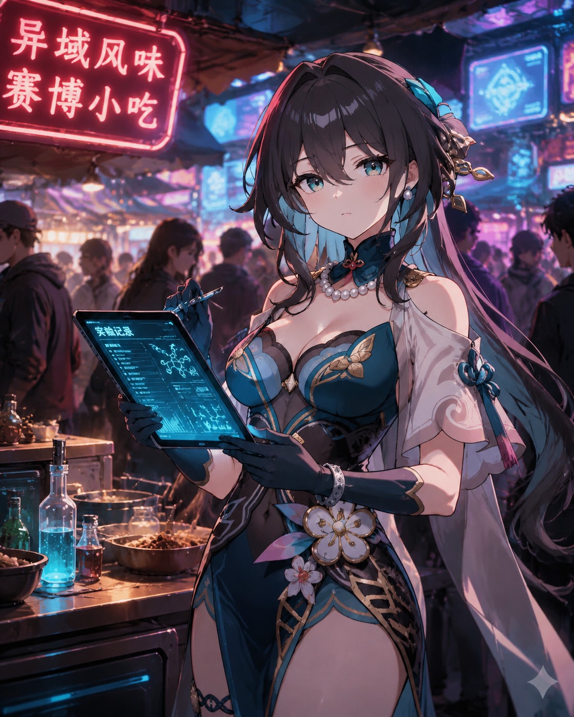 Recording experimental results on a tablet At a crowded night market stall (cinematic sci-fi, dramatic neon highlights)