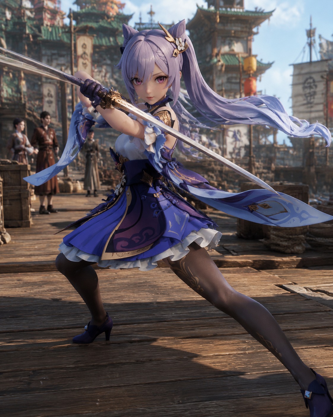 Executing a rapid sword strike At a bustling Liyue Harbor pier (hyper-realistic 3D render, sharp metallic textures)