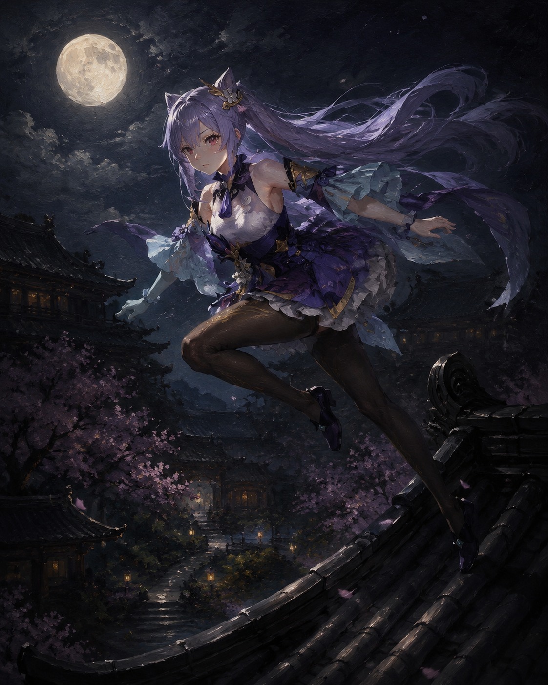 Leaping across high rooftops In a quiet moonlit garden (cinematic oil painting, dramatic chiaroscuro)