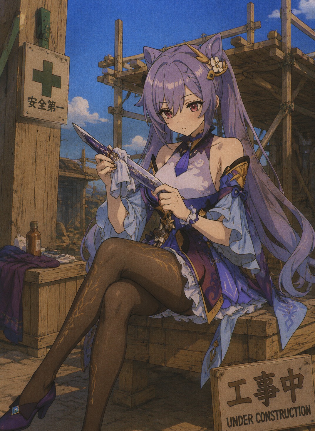Polishing her signature stiletto blade At a construction site with wooden scaffolding (90s retro anime, grainy lo-fi aesthetic)