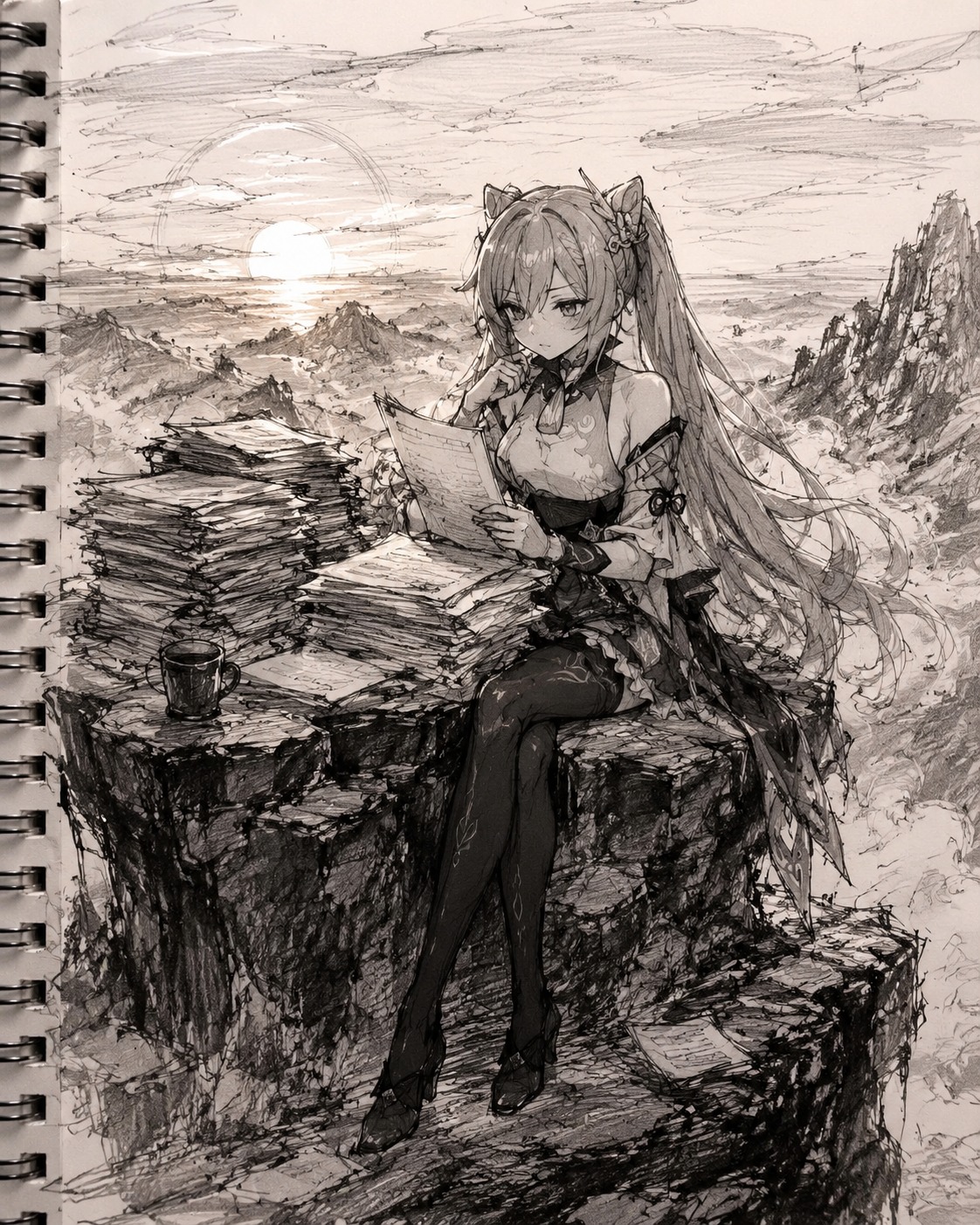 Reviewing tall stacks of paperwork On a high mountain peak at dawn (sketchbook ink drawing, messy charcoal lines)