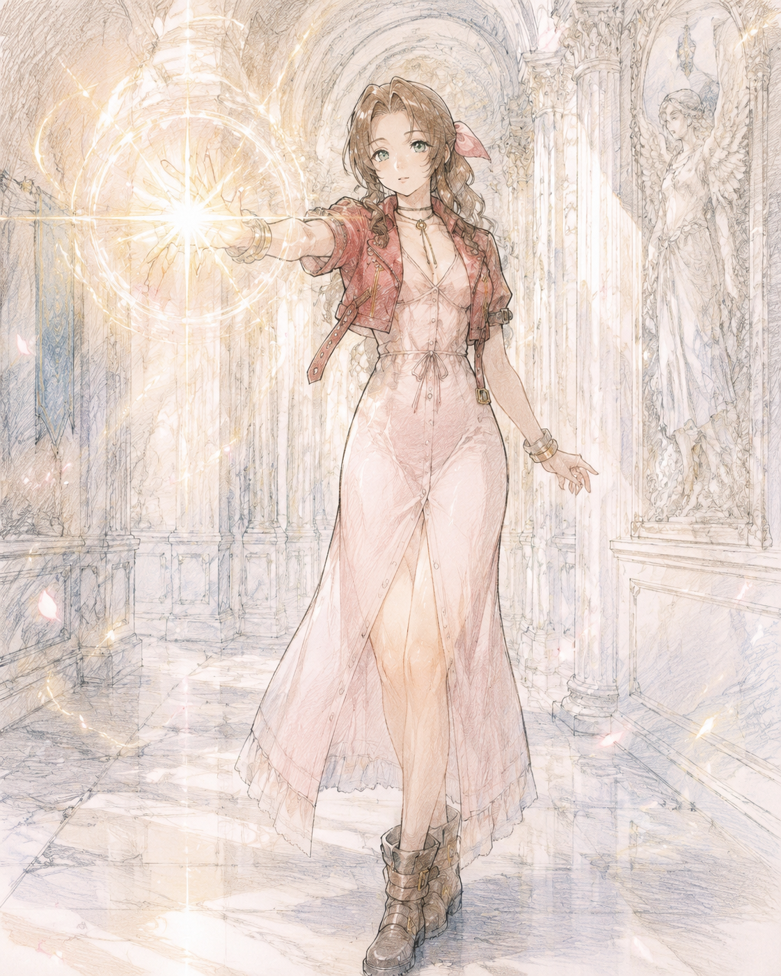 Casting a shimmering holy spell In a majestic white marble temple hallway (soft pastel sketchbook, delicate pencil lines)