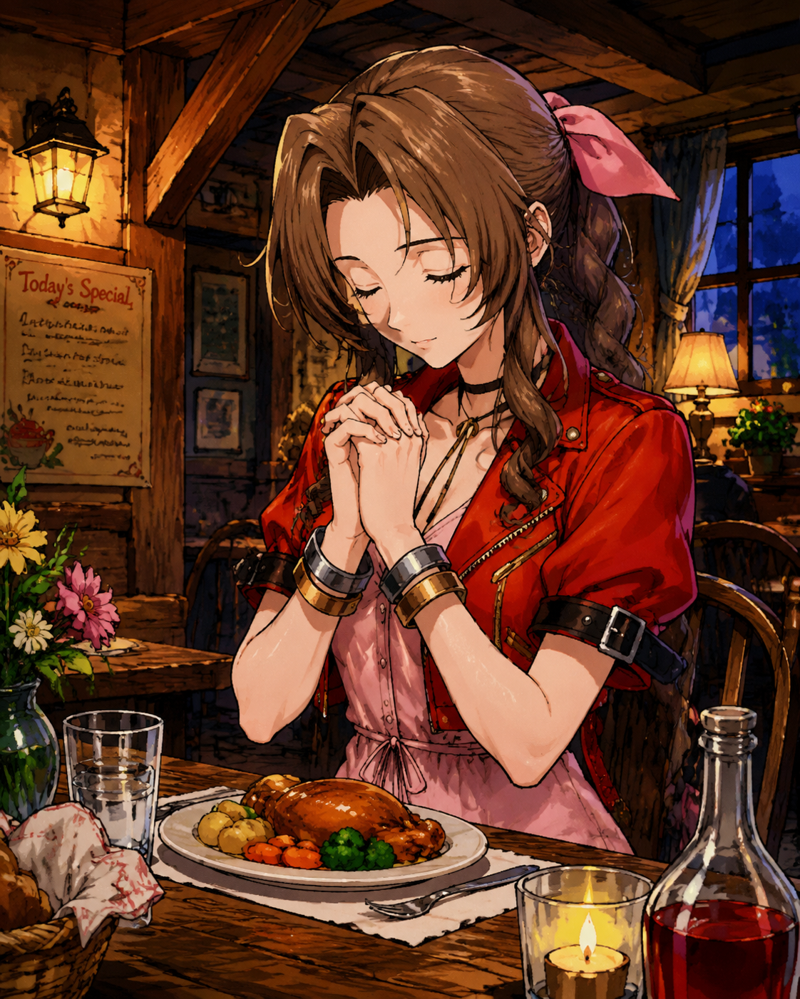 Praying silently with her hands clasped At a cozy wooden table inside an inn (detailed 90s retro anime style, vibrant colors)