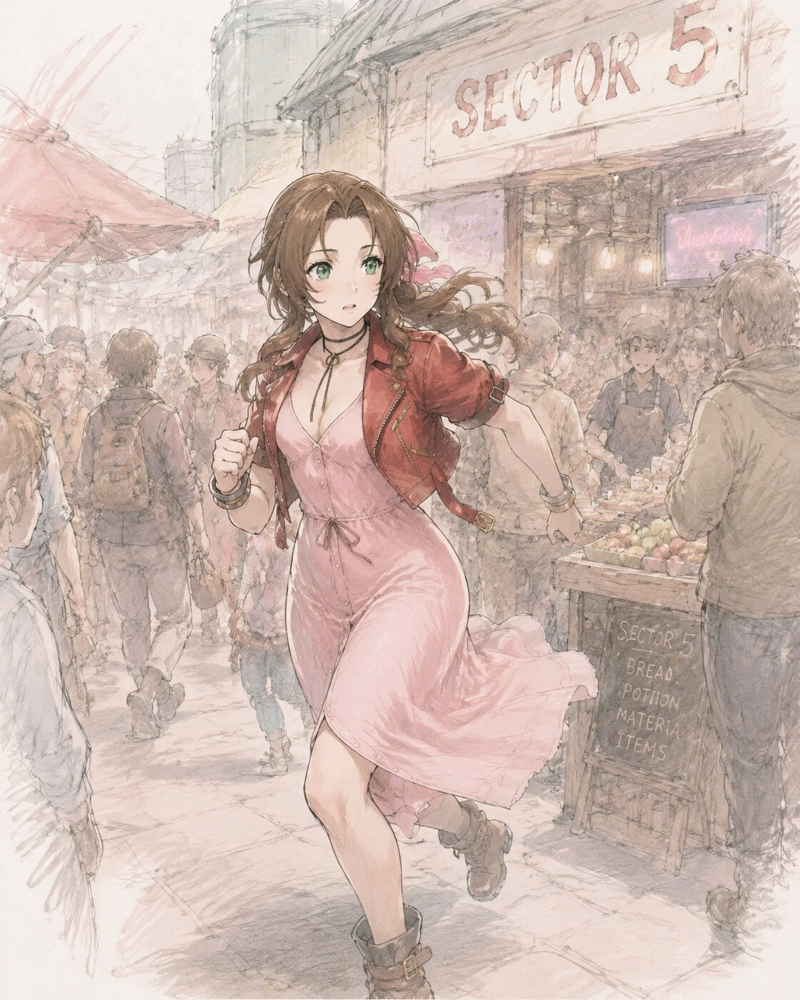 Running through a crowded street market at a bustling Sector 5 market stall (soft pastel sketchbook)