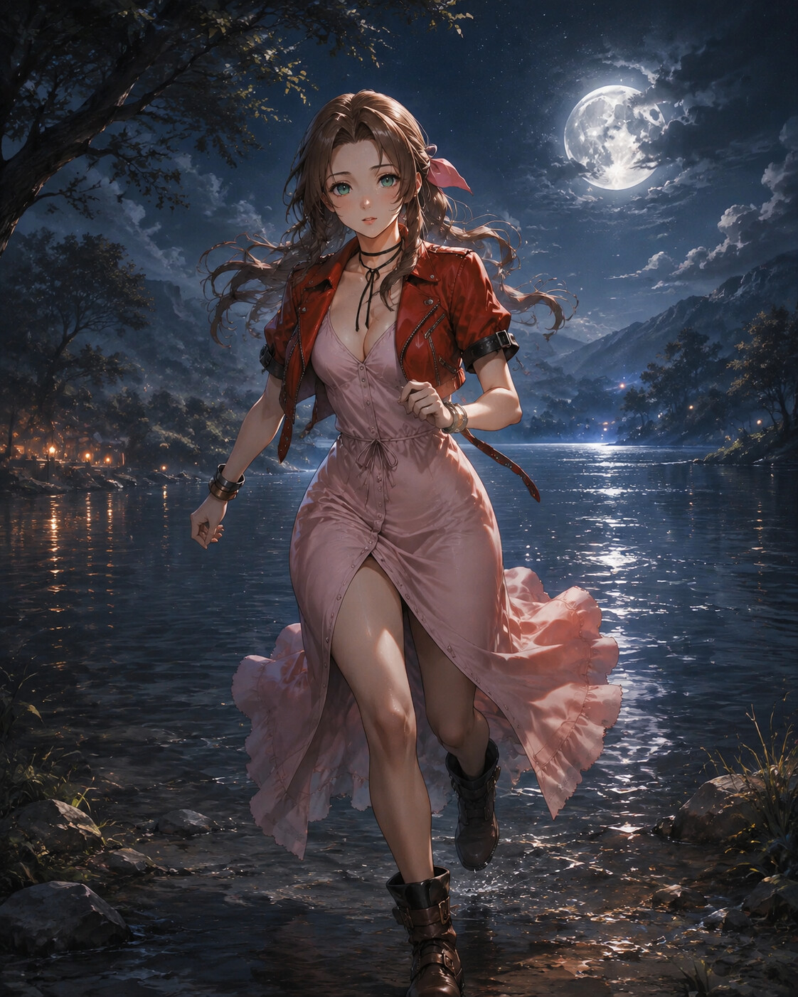 Running through a crowded street market at a quiet lakeside under a silver moon (cinematic fantasy art)