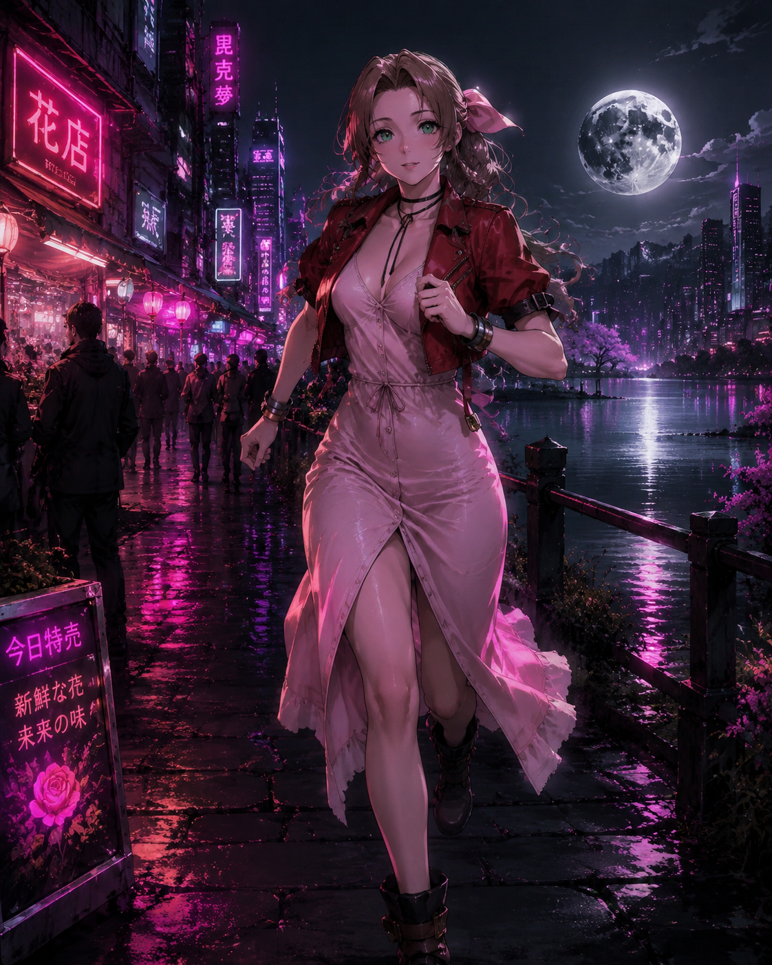 Running through a crowded street market At a quiet lakeside under a silver moon (cyberpunk digital art, neon pink highlights)