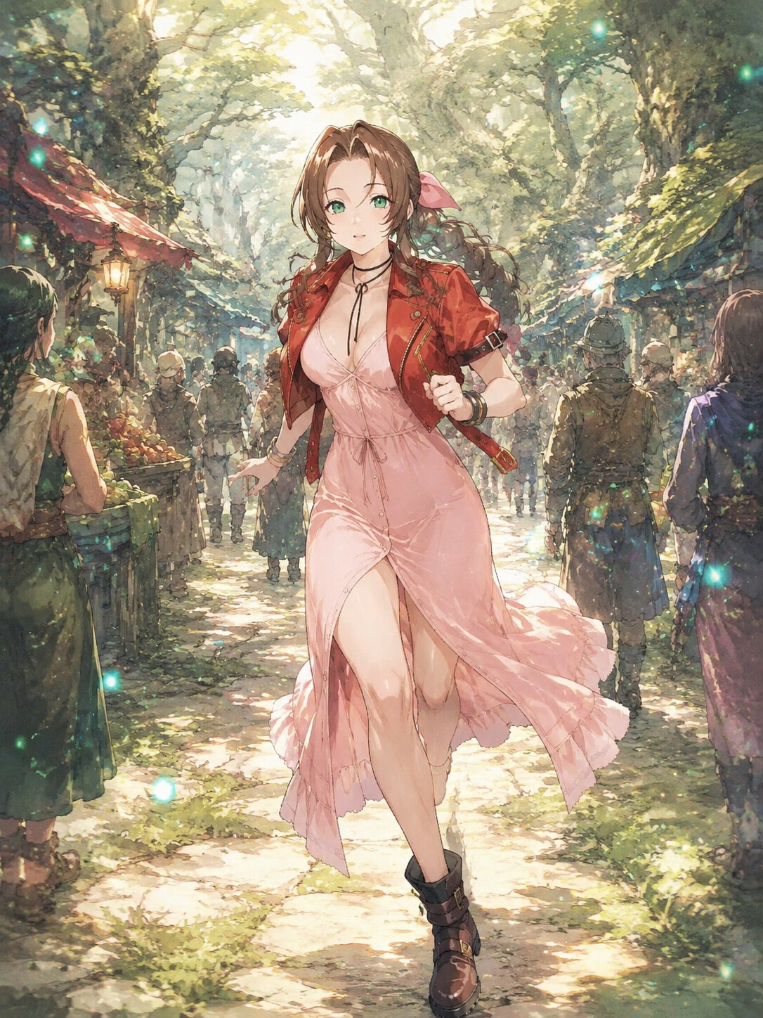 Running through a crowded street market in a lush ancient forest with floating motes (ethereal watercolor anime)