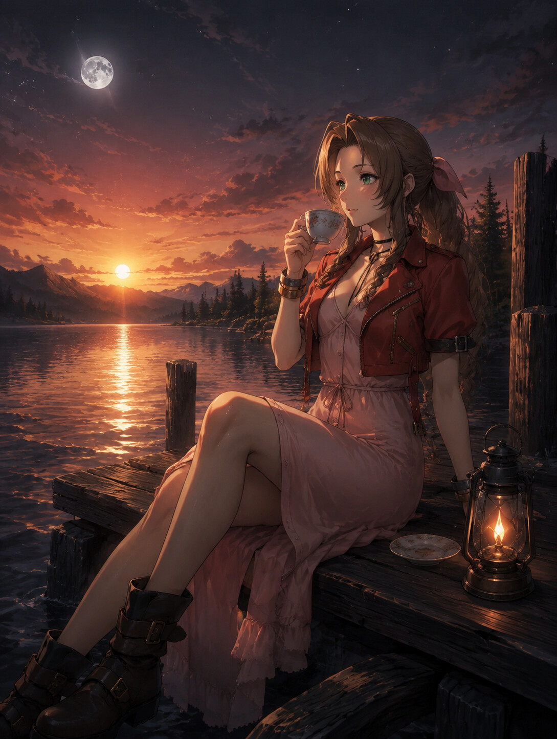 Sipping tea while watching the sunset at a quiet lakeside under a silver moon (cinematic fantasy art)