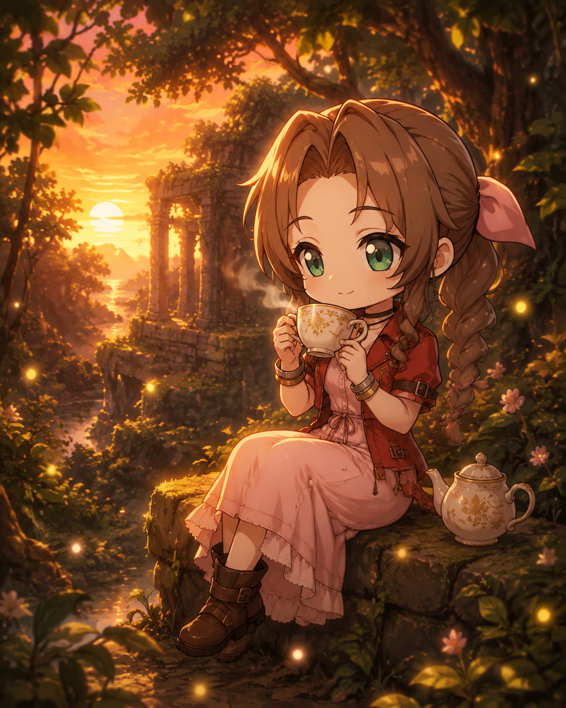 Sipping tea while watching the sunset In a lush ancient forest with floating motes (chibi style illustration, warm cozy aesthetic)