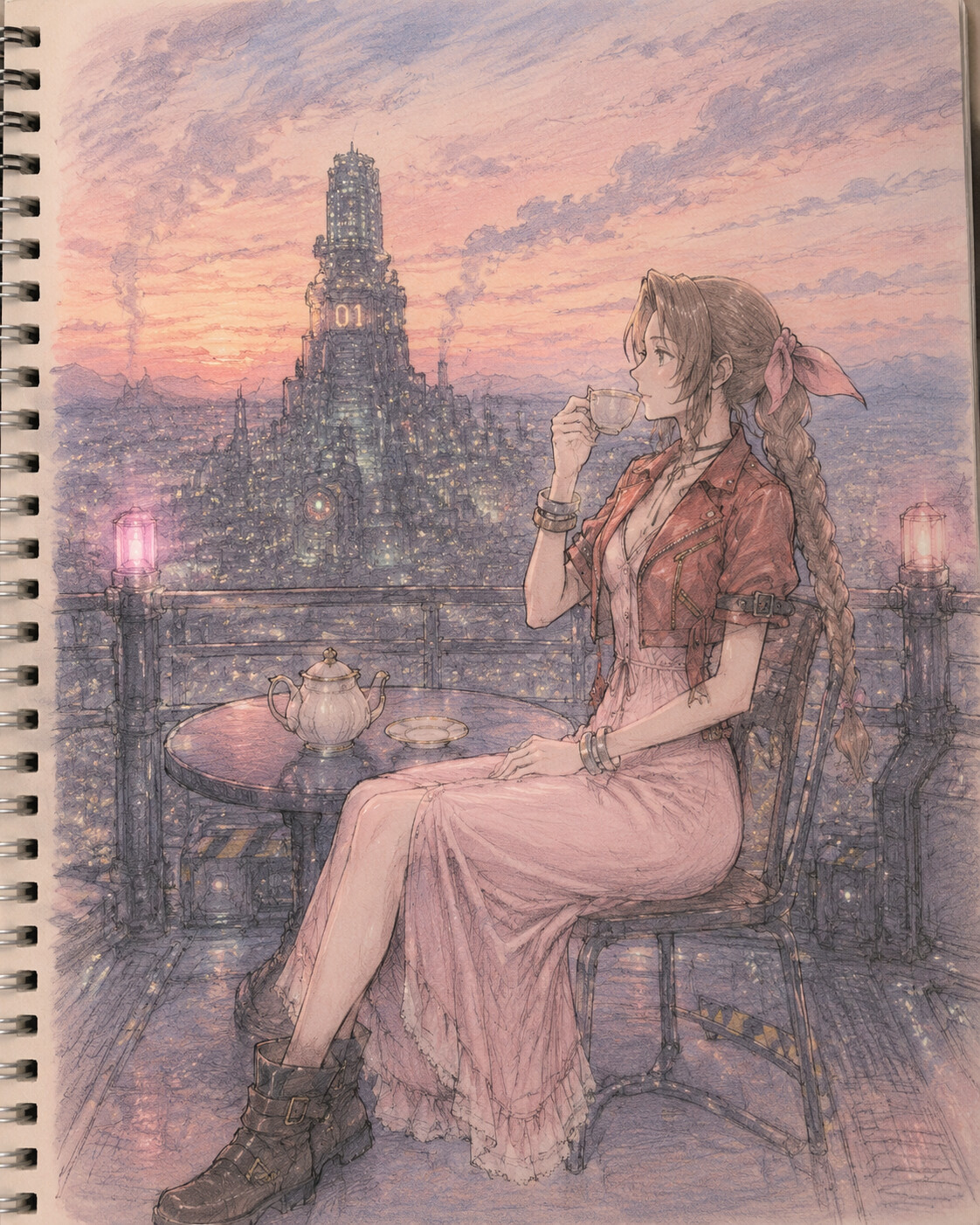 Sipping tea while watching the sunset on a high-tech platform overlooking Midgar at night (soft pastel sketchbook)